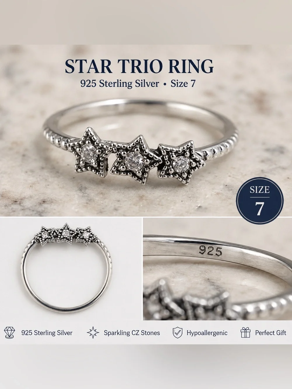 Star Trio Sterling Silver Ring with Sparkling CZ Stones in Silver - Size 7